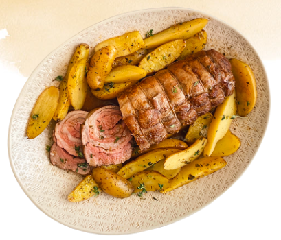 RÔTI DE SELLE D’AGNEAU DU QUÉBEC AVEC POMMES DE TERRE AU CITRON ET SALADE DE POIVRON RÔTI